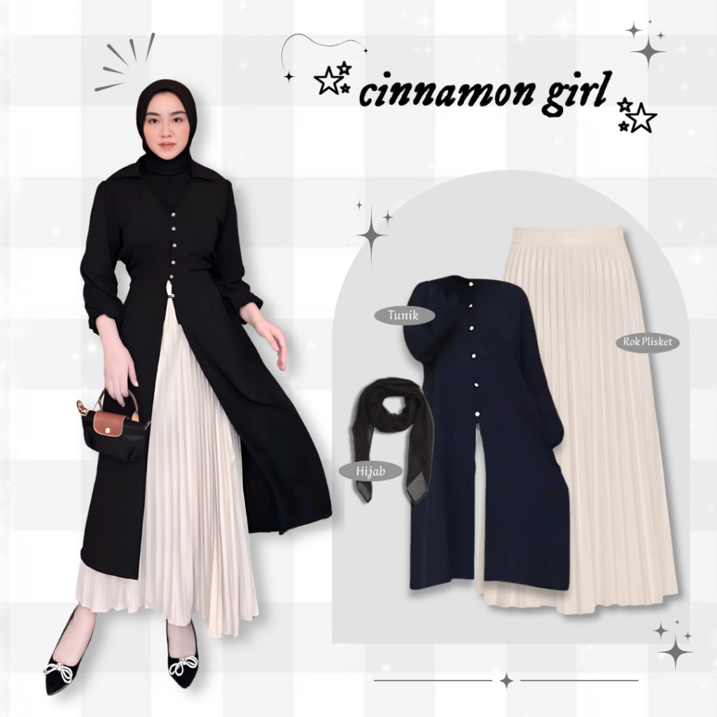 One Set Wanita 3in1 Outfit Raya & Kondangan Cantik ( Rok Plisket Cream + Outer Tunik Flowy + Hijab B