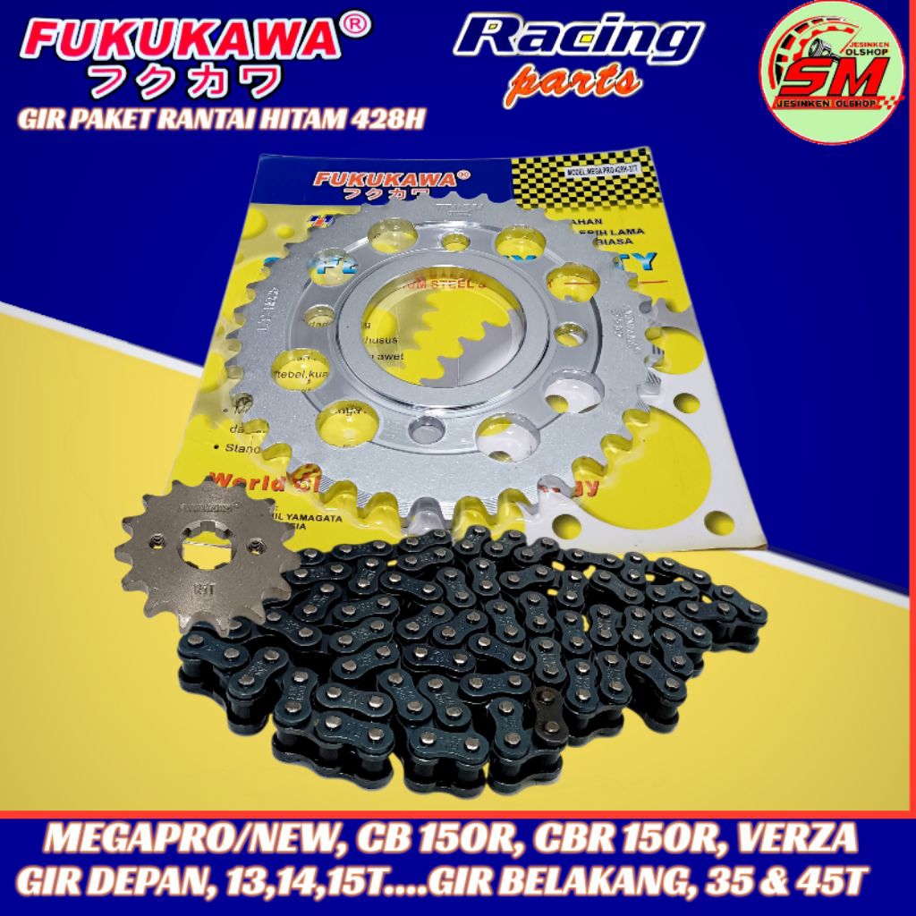 Gear Set Paket Racing (Rantai Hitam) Megapro/New, Cb150R, Cbr150R Verza Fukukawa 428H-35&48T, 13,14,