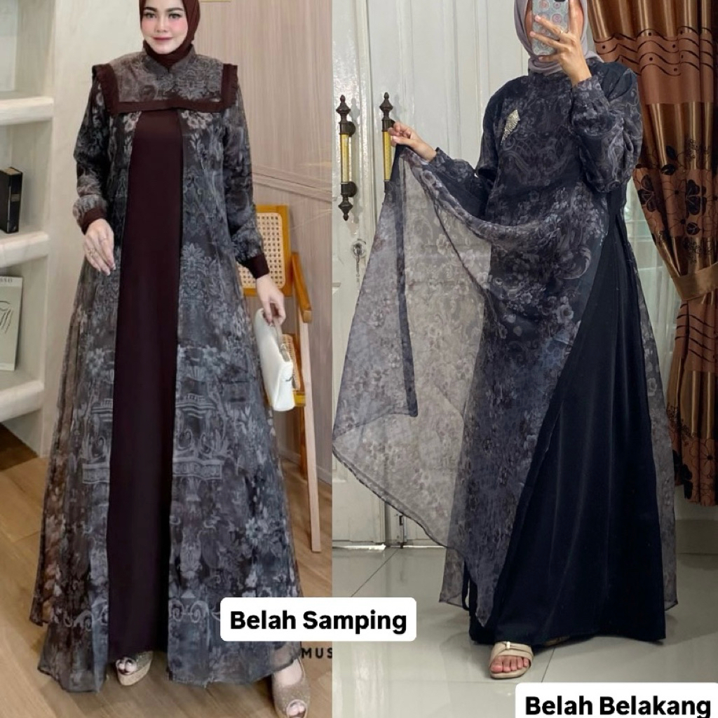 ByL - Aprilia Dress Jumbo Ld 110-120 Outer Organza Printing / Dress Belah Samping /Dress Belah Belak