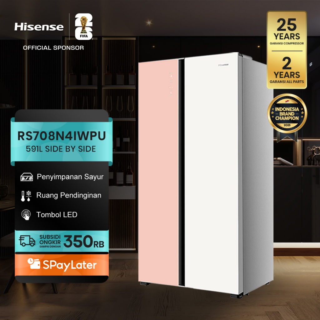 Hisense Kulkas RS708N4IWPU Refrigerator Side By Side Kapasitas 591L Warna Putih Pink Inverter Tanpa 
