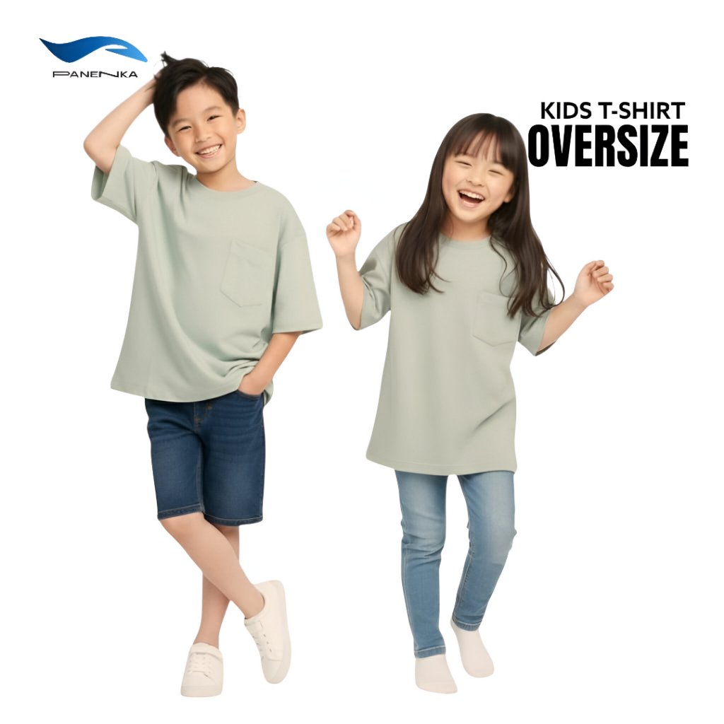 PANENKA - Kaos Polos Pocket Oversize Anak Unisex - Baju Atasan Anak Warna Sage Green