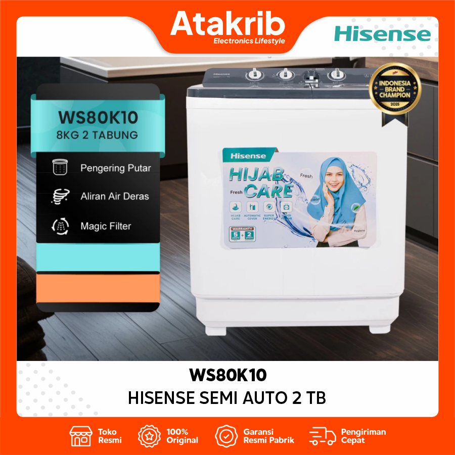 HISENSE MESIN CUCI 2 TB WS80K10 Kapasitas 8Kg