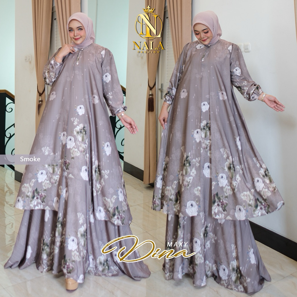 Dina Maxy Dress Marbela Silk Premium Import Ziper Depan pergelangan tangan smoke bawah lebar rempe S