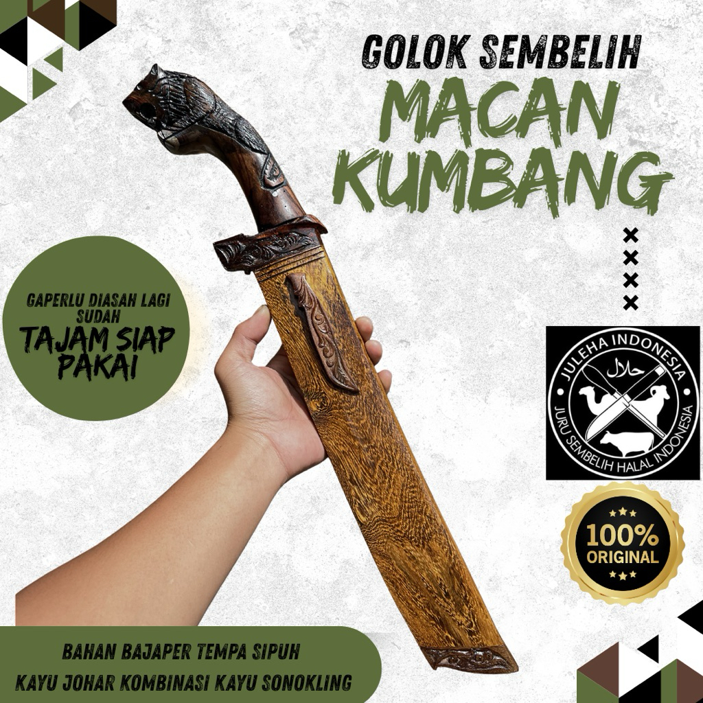 Golok Sembelih Ukir Macan Kayu Johar | Panjang Bilah 30cm | Golok Sembelih / Pajangan / Kerja | Baja