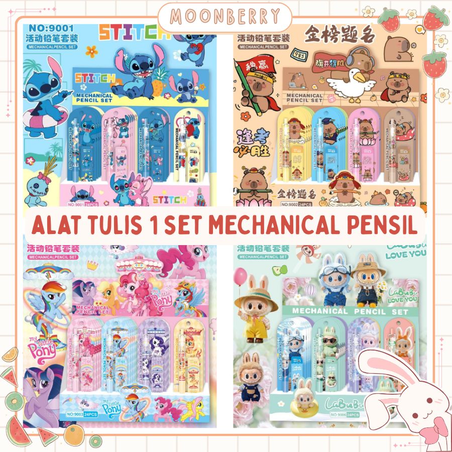 Pensil Set isi Mechanical Pensi dan Isi Alat Tulis 2 in 1 Motif Capybara Kuromi Labubu Stitch Baby T