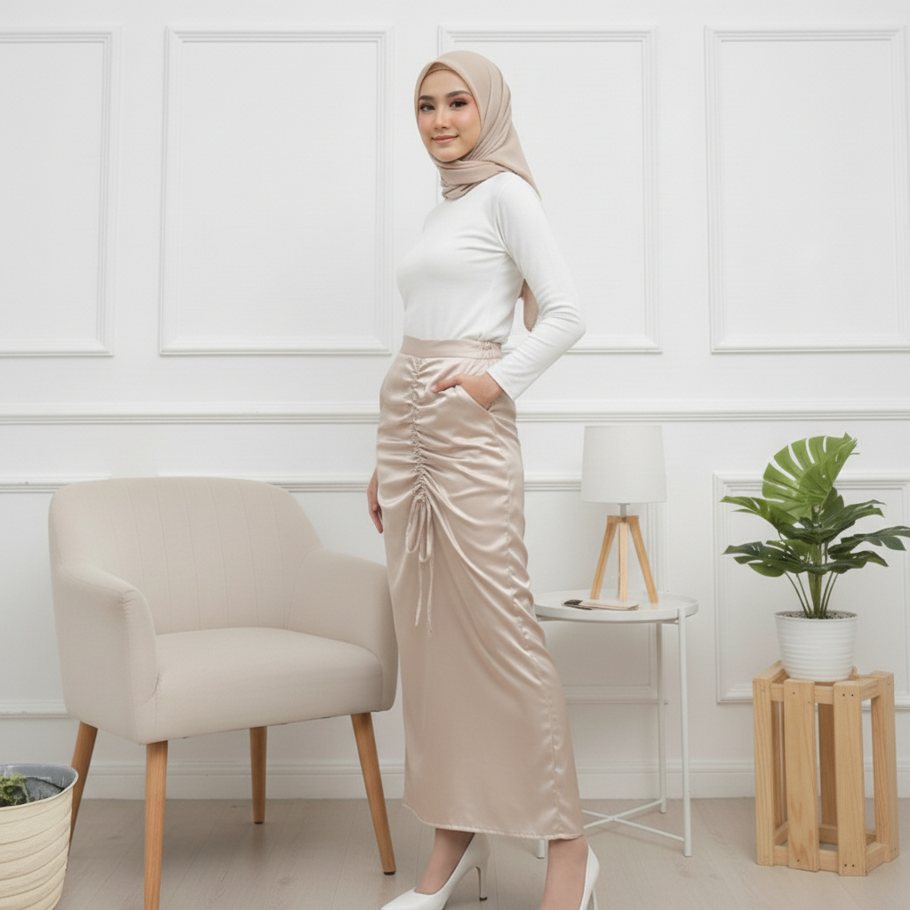 Delova Wardrobe - ROK SERUT SATIN Silk Polos Model Span Panjang Modern Kekinian Premium Maxi Wrap Sk