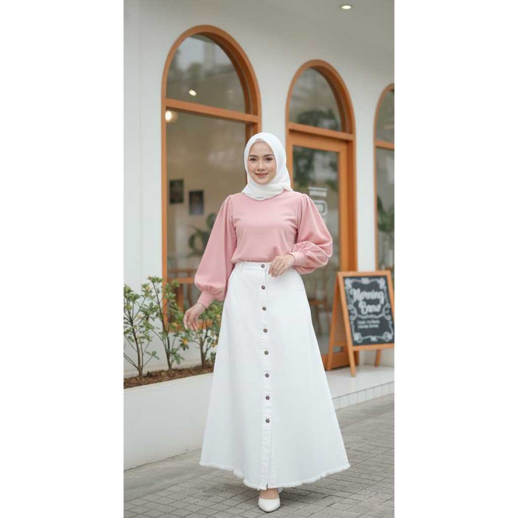 ROK RAWIS  JEANS KANCING DEPAN PANJANG WANITA  PAYUNG BOTTON UP