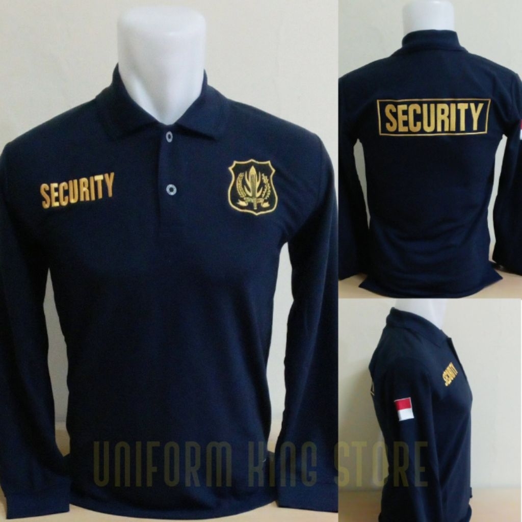 KAOS SECURITY NAVY LOGO KUNING LENGAN PANJANG FULL BORDIR - KAOS KERAH SECURITY NAVY PANJANG BORDIR 