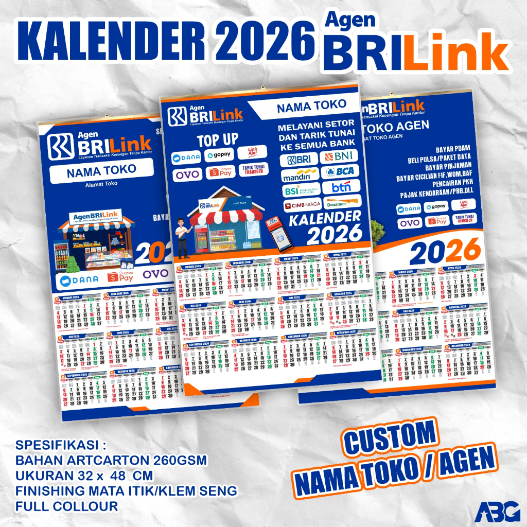 KALENDER 2026 AGEN BRILINK || 1 LEMBAR (12 Bulan) CUSTOM NAMA AGEN BRILINK || BISA SATUAN
