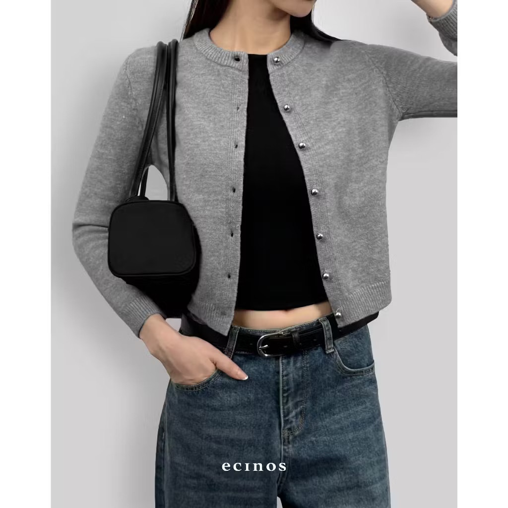 [AROENIKA] ￼ECINOS - Jennie Hairy Wool Knitted Cardigan LENGAN PENDEK GRAY