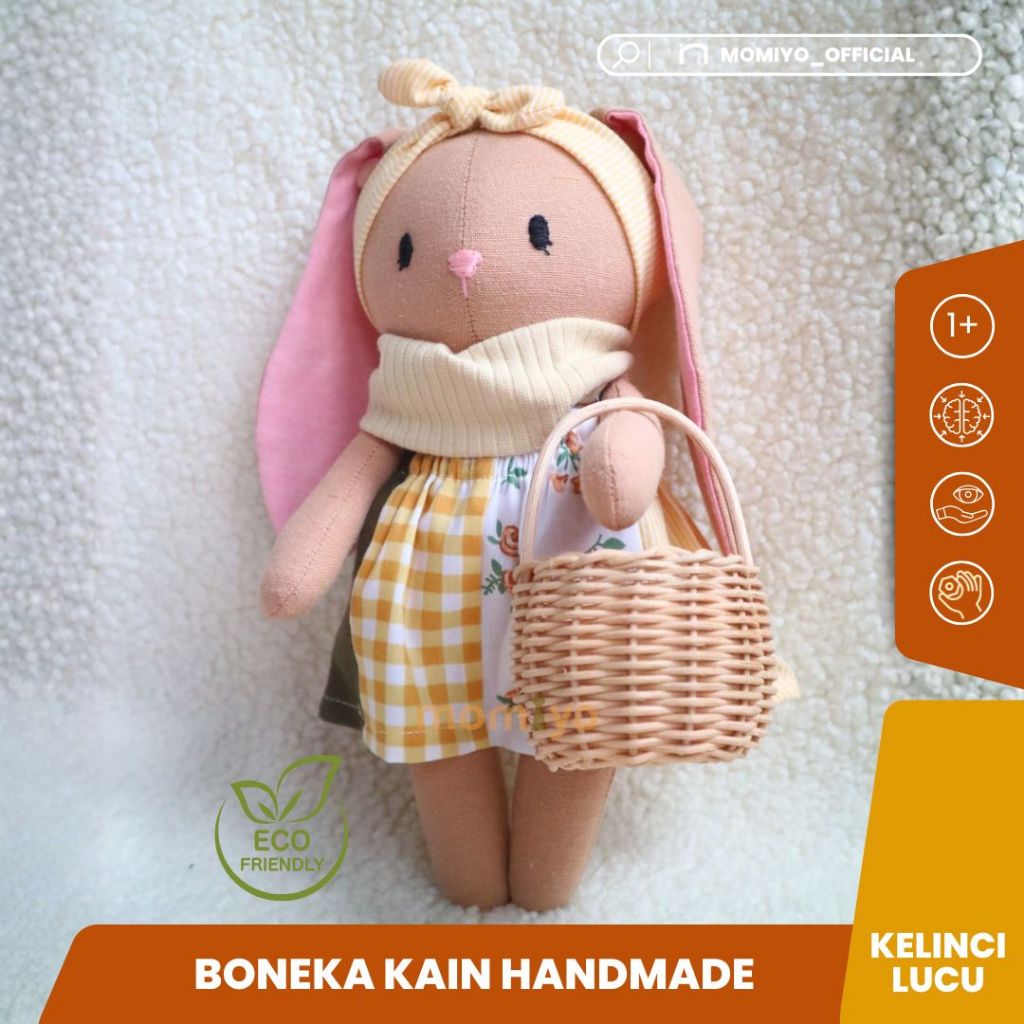 Momiyo Boneka Kelinci Handmade Kain – Boneka Kain Lucu Boho / Hiasan Kamar Anak / Hadiah Bayi Baru L