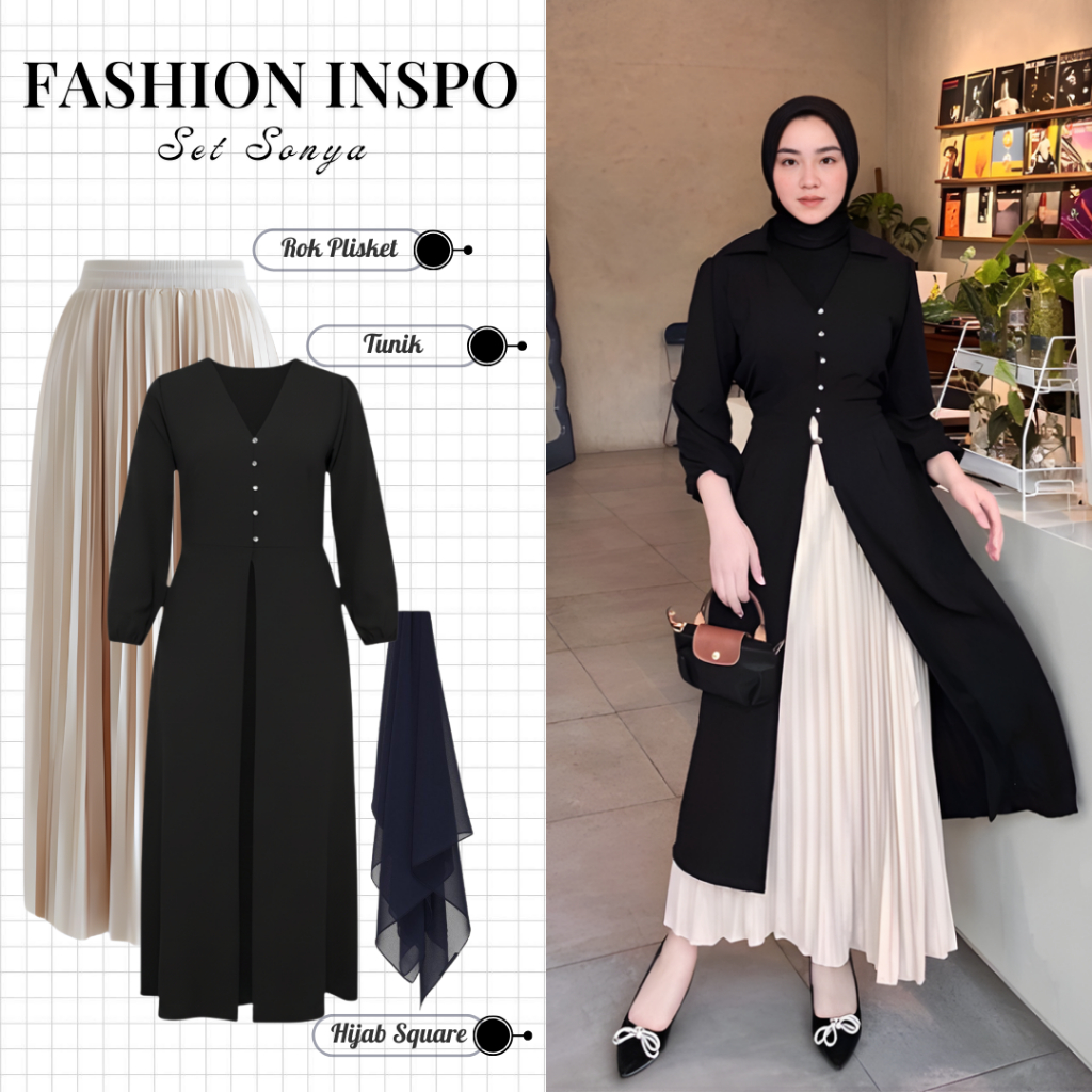 Outfit Set Kondangan Wanita Kekinian ( Tunik + Rok Plisket + Hijab ) One Set OOTD Lebaran Simpel IL0