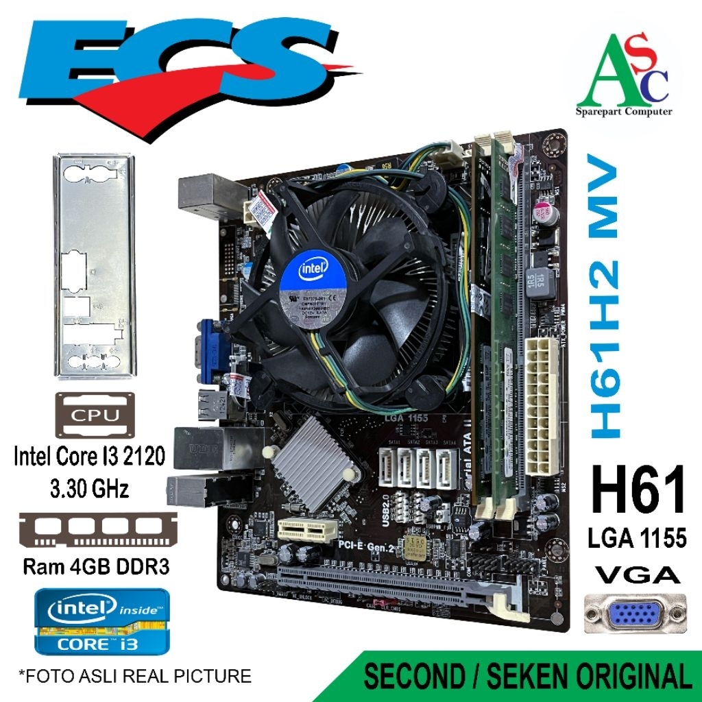 Paket Mobo ECS H61 Core i3 Ram 4GB Fan Intel Backpanel