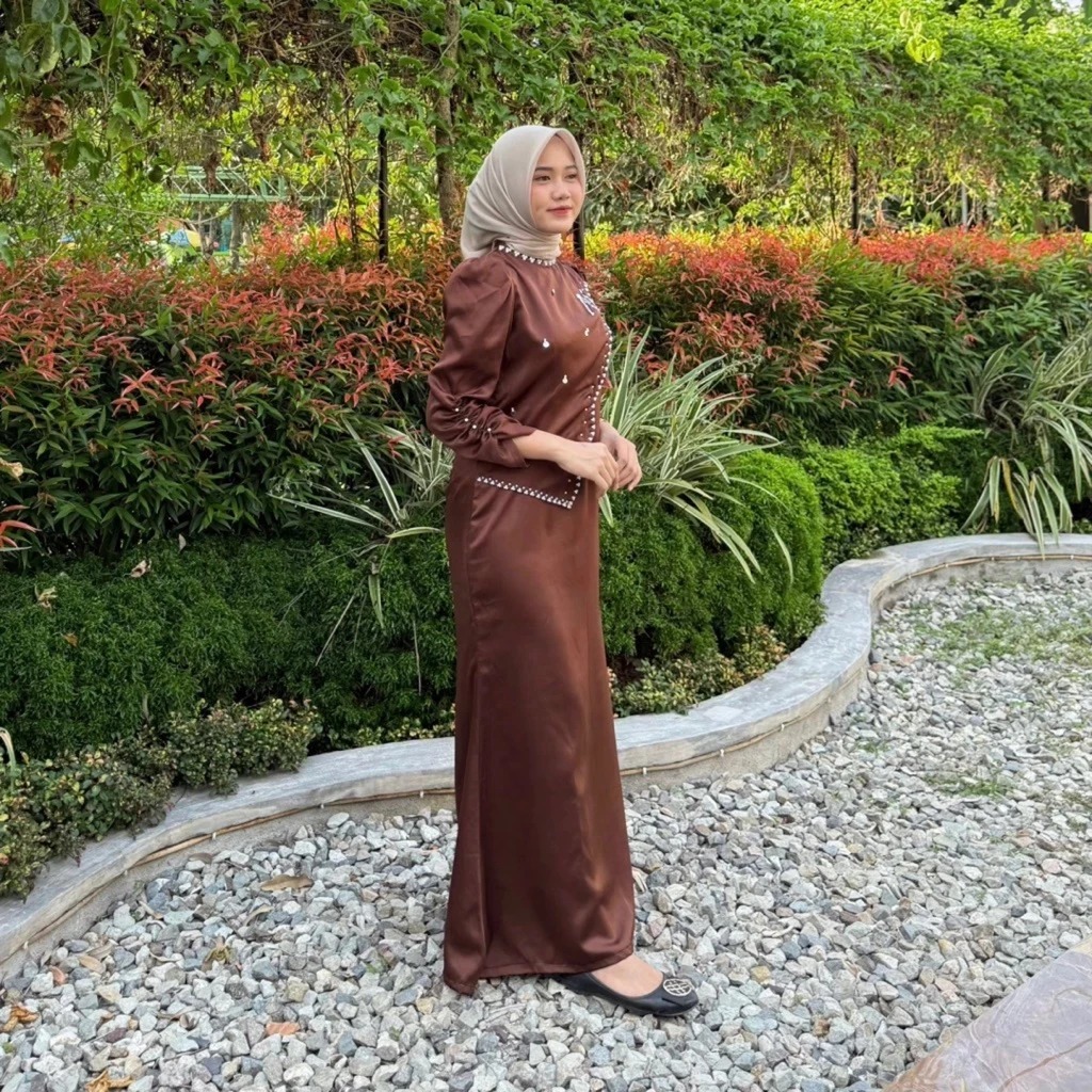 Dress Aluna Satin Silk Viral Termurah Full Payet Mutiara Gamis Pesta Wanita Kekinian OOTD Lebaran