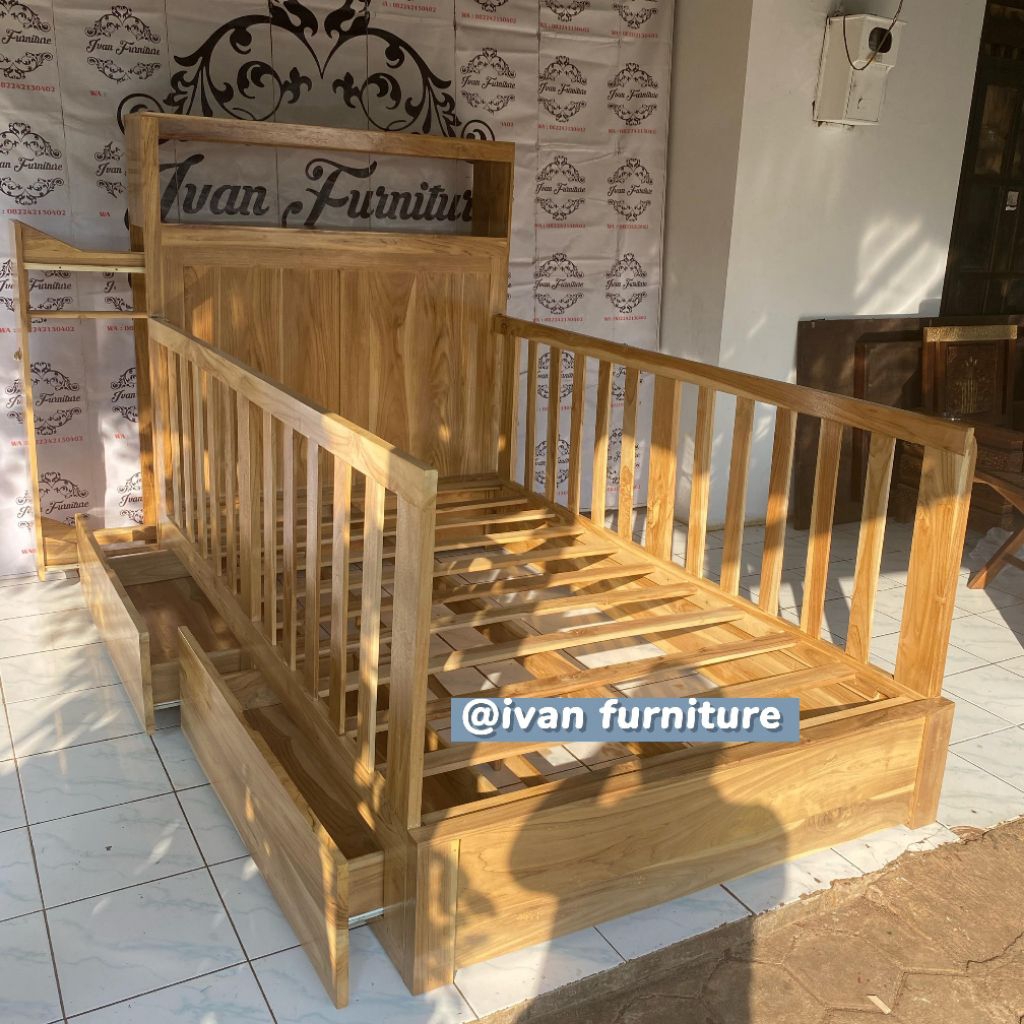 Dipan anak kayu jati minimalis laci 2 plus lemari hijab Dipan jati minimalis 2 laci