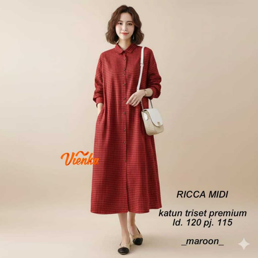RICCA MIDI DRES JUMBO LD 120 KATUN TRISETMOTIF MOTIF KOTAK TERBARU BAJU DRESS WANITA BUSUI LENGAN PA