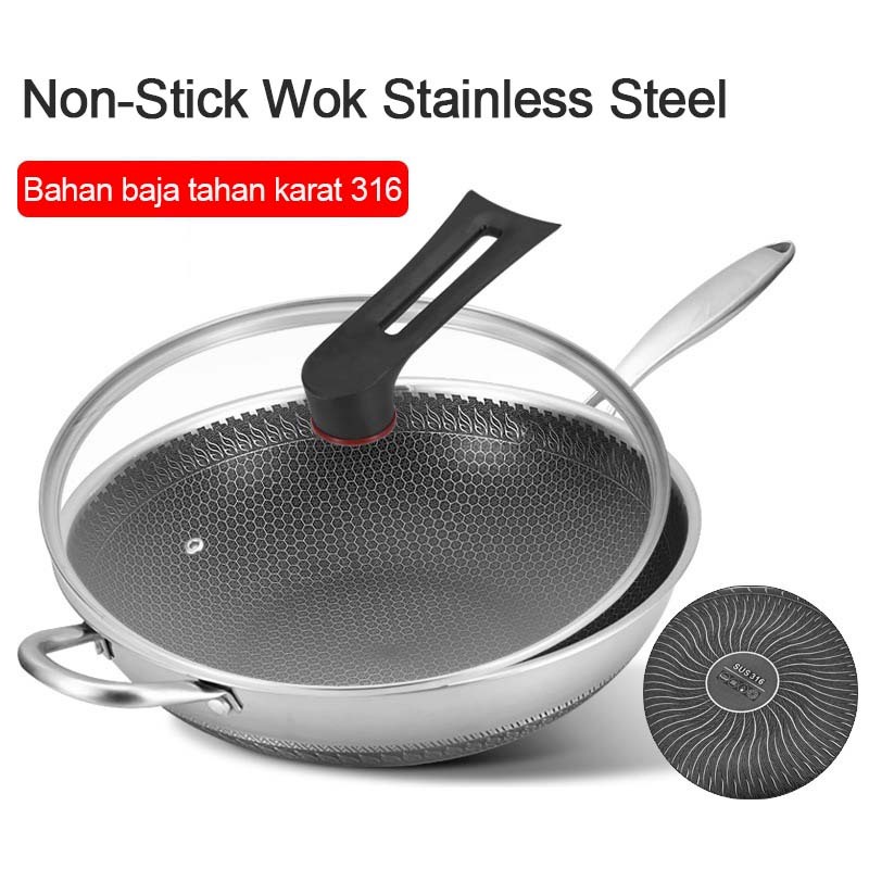 Kuali Wajan 316 Stainless Steel / Wokpan Honeycomb Anti Gores/Wajan Penggorengan Kuali Wok Pan Premi