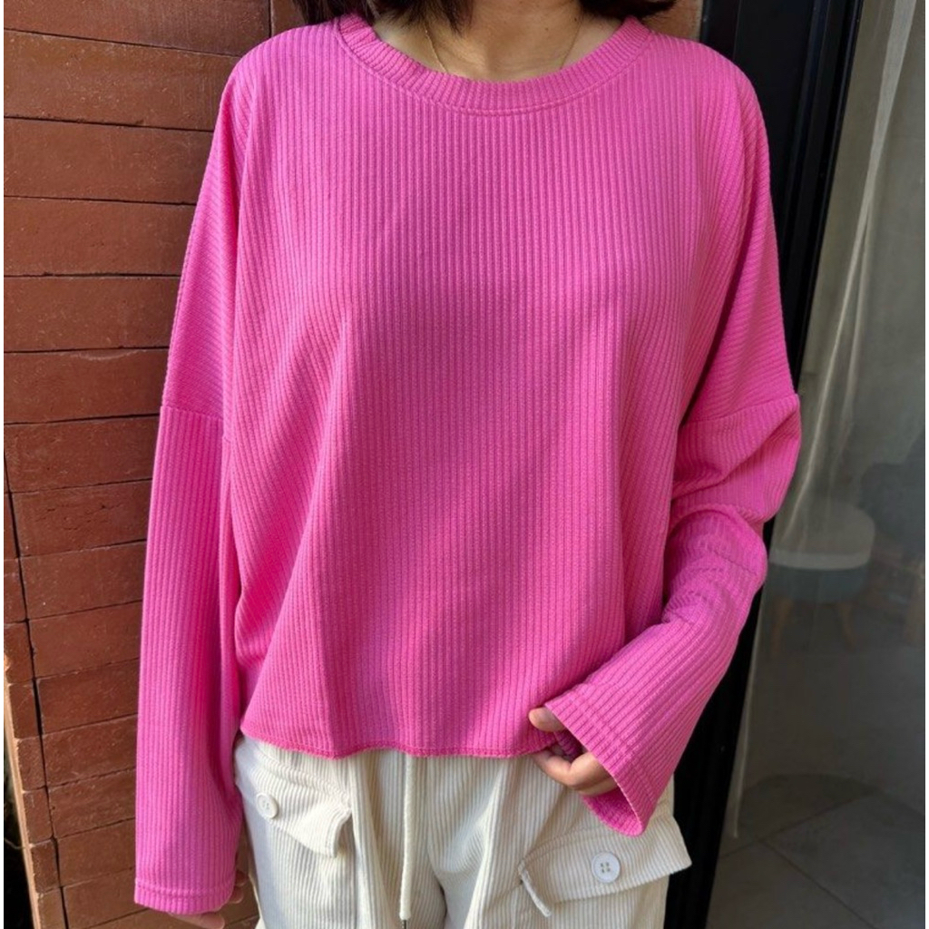 Screen Room Atasan Blouse Kaos Oversize Pink Fuschia Lengan Panjang