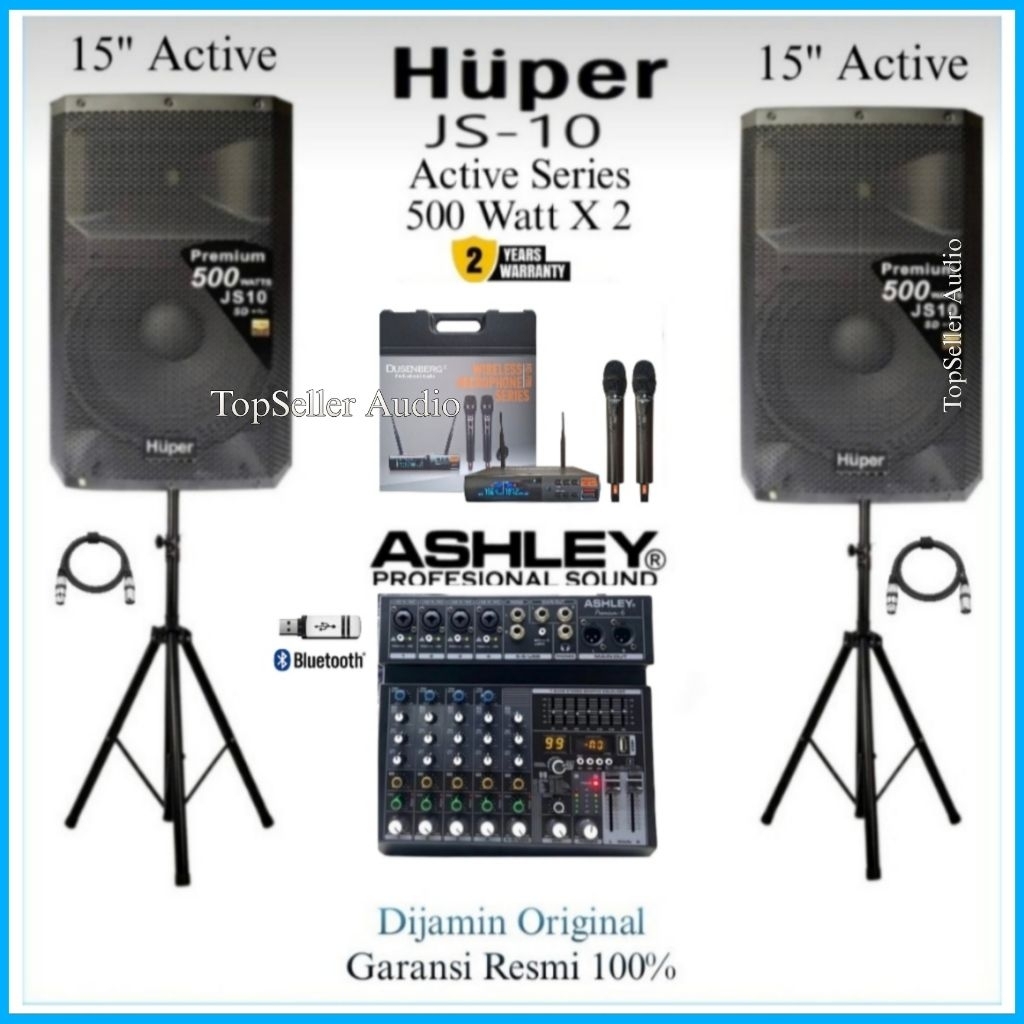 Promo Paket Sound System Speaker Huper JS10 Original Mixer Ashley Premium 6 Channel Bluetooth Mic 2 