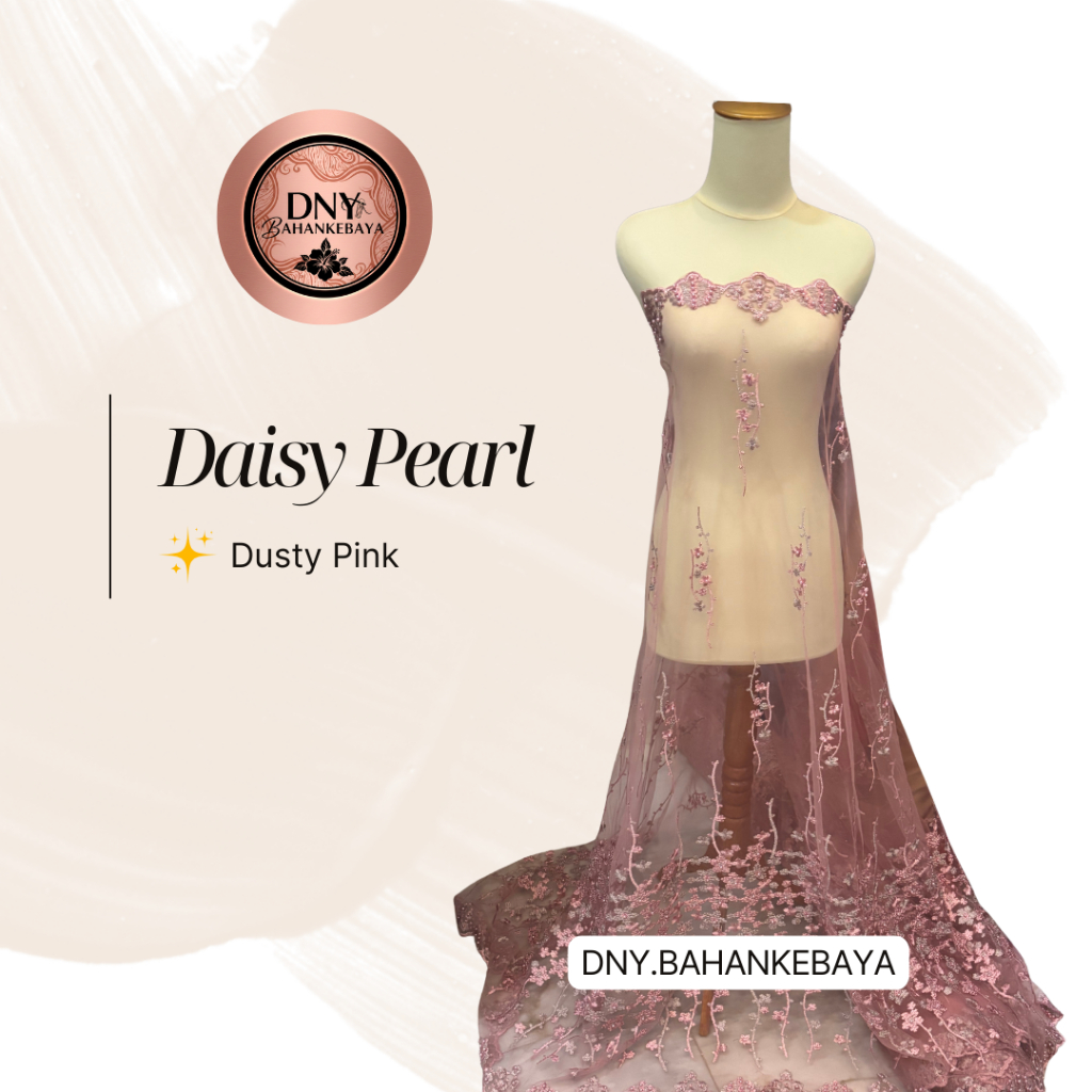 Bahan Kain Kebaya Brokat Brukat Tile Mutiara Daisy Pearl Warna Dusty Pink