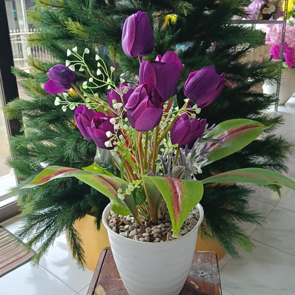 rangkaian bunga tulip artificial premium tinggi 60cm lengkap pot putih