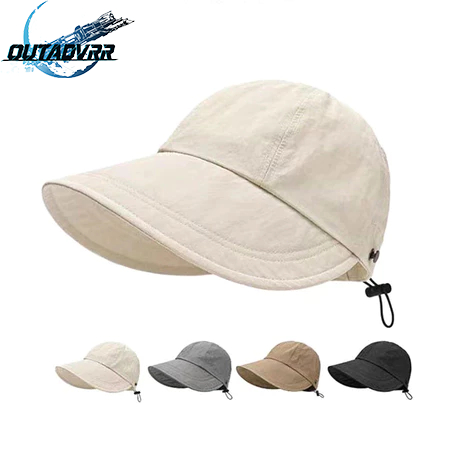 Topi Pantai Wanita Bucket Tepi Lebar Lipat Anti UV Visor Gaya Korea Jepang Fashion Trendy untuk Olah