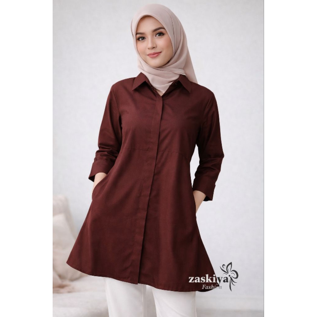 Atasan Kemeja Tunik Wanita Polos Lengan Panjang Bahan Katun Premium