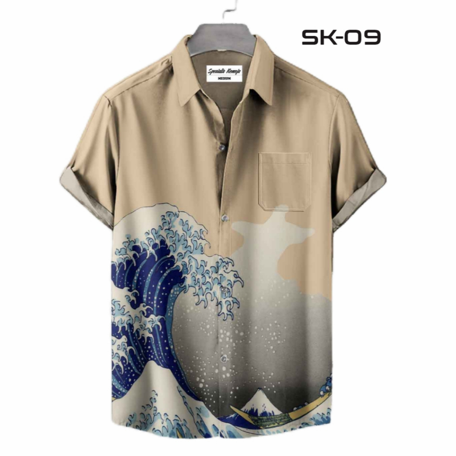 Kemeja Kasual Pria Hawaii Motif Ombak Harajuku Pantai Kanagawa Fullprinting SK-09