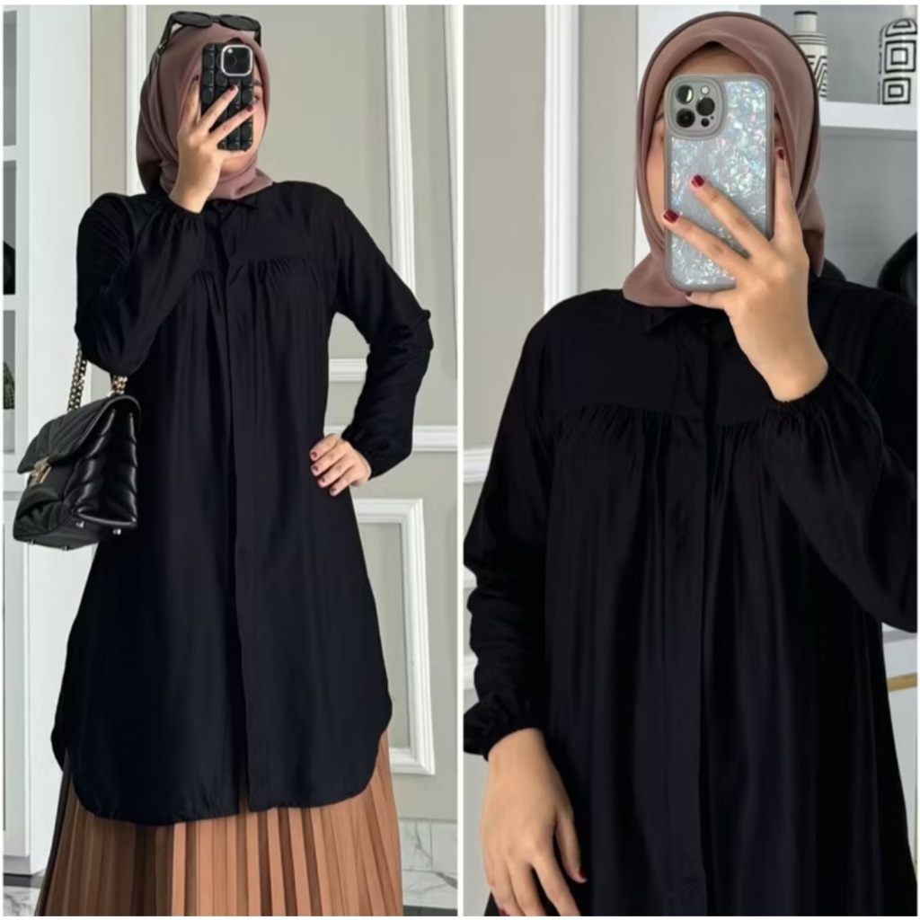 (Exlusive) Adilla Tunik Wanita Rayon Twill Adem Nyaman Lengan Karet Dada Kerut L XL XXL