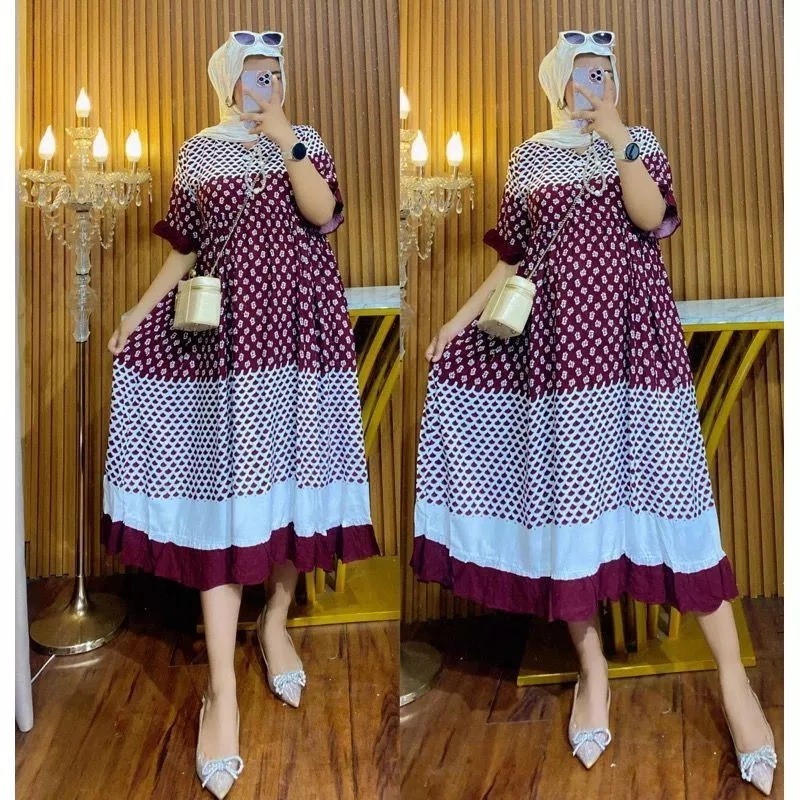 GINA SADIYA MIDI DRESS RAYON LENGAN PENDEK LD 110CM BUSUI FRIENDLY // MIDI DRESS MOTIF // DASTER RAY
