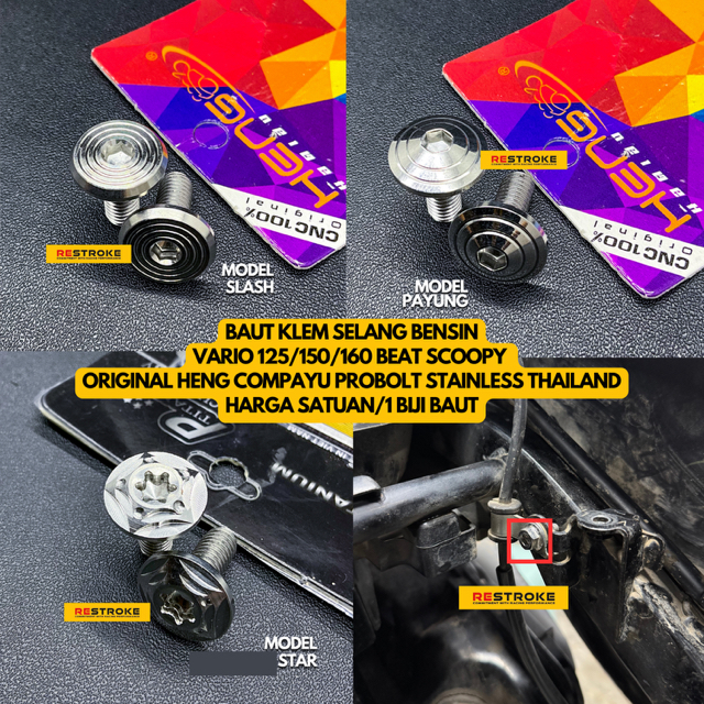 BAUT KLEM SELANG BENSIN VARIO 125 150 160 BEAT SCOOPY ORIGINAL PROBOLT HENG COMPAYU PTITANIUM STAINL