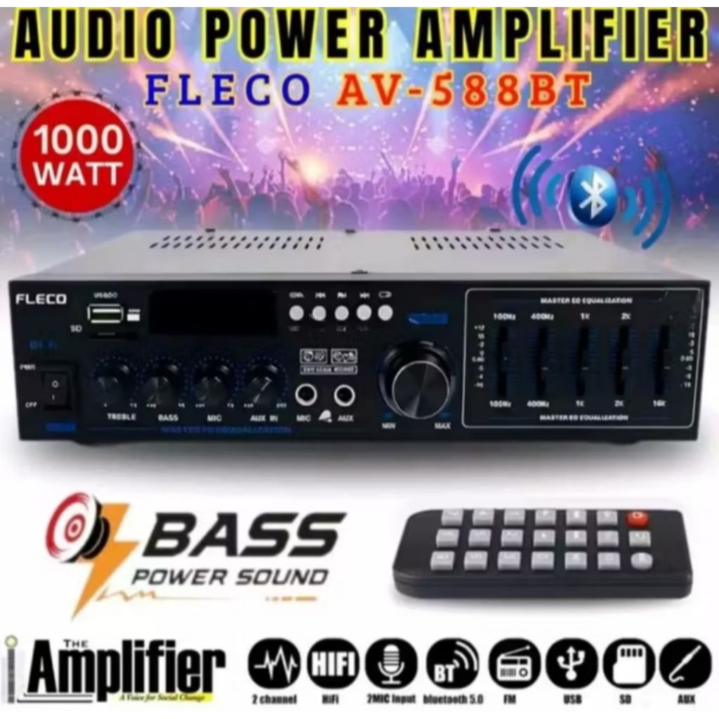 GRATIS ONGKIR SIAP KIRIM POWER AMPLIFIER MIXER BLUETOOTH 1000 WATT FLECO AV-588BT