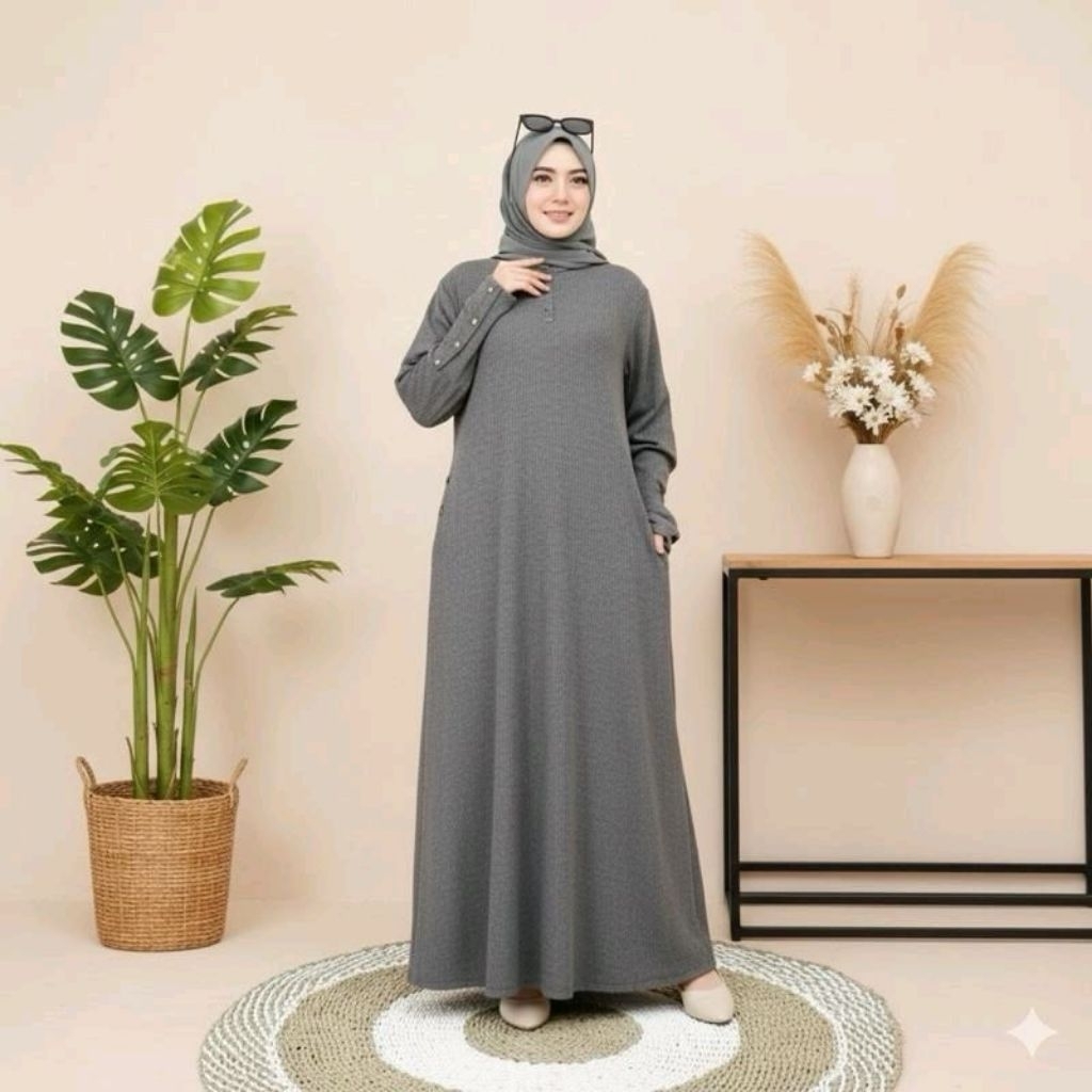 Keyra Dress Batwing Button Knit Premium - Gamis Casual Simple Panjang Muslim Sporty Busui