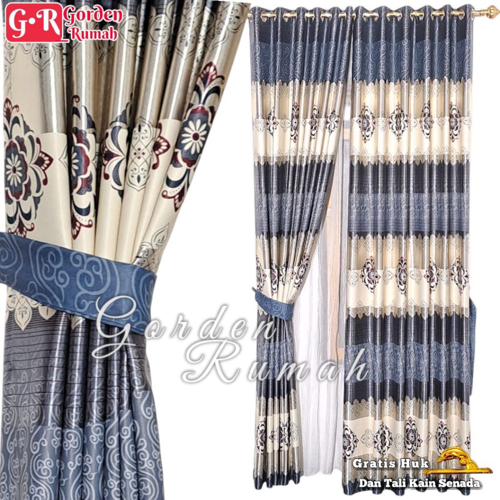 Gorden Jendela Panjang Kain Blackout Tebal Glossy Motif Batik Mewah
