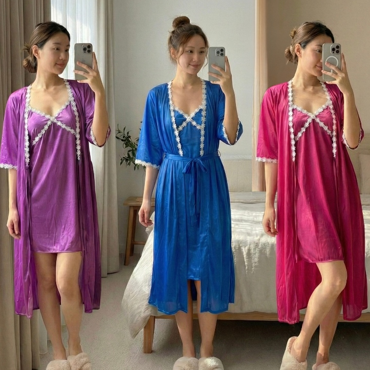 Baju Tidur Wanita / Baju Tidur Wanita Set 2in1 Kimono / Baju Tidur Wanita Set 2in1 Rayon Silk Polos 