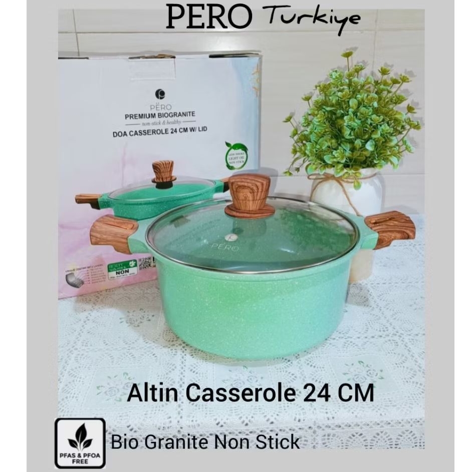 PERO Altin Biogranite Casserole With Lid 24 Cm Mint / Panci Dengan Tutup Kaca With Induction Bottom