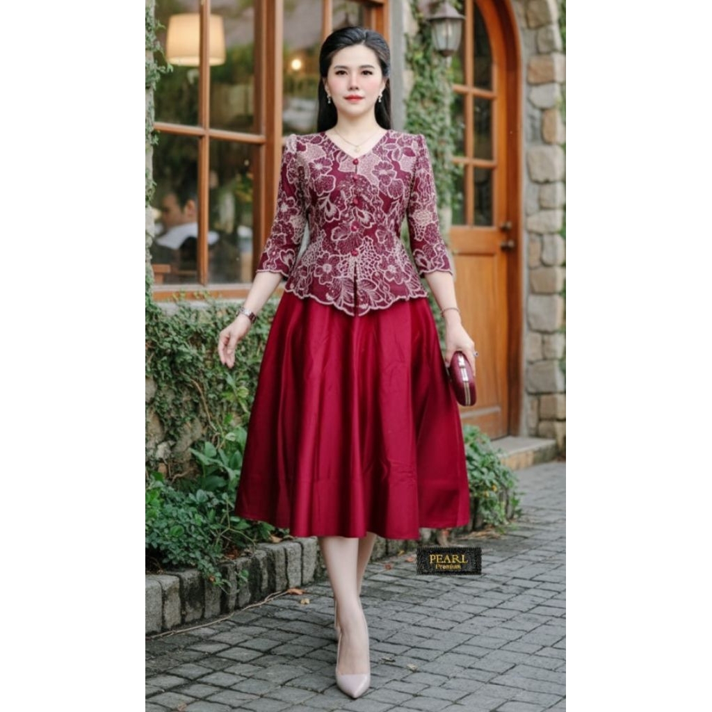 Dress Natal Wanita Brokat Kombi Satin