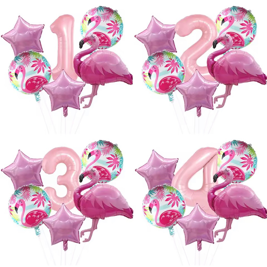 Set paket balon foil angka 80cm warna baby pink tema burung flamingo bird hiasan dekorasi pesta ulan