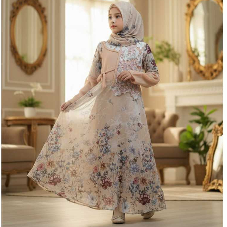 Gamis Anak Perempuan Mewah Imelda-Set Kerudung/Baju Muslim Anak Bahan Ceruty Umur Tahun Set Hijab