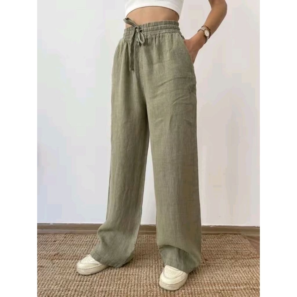 celana kulot wanita/celana kulot highwaist kulot linen rami premium/kulot linen ful karet tali serut