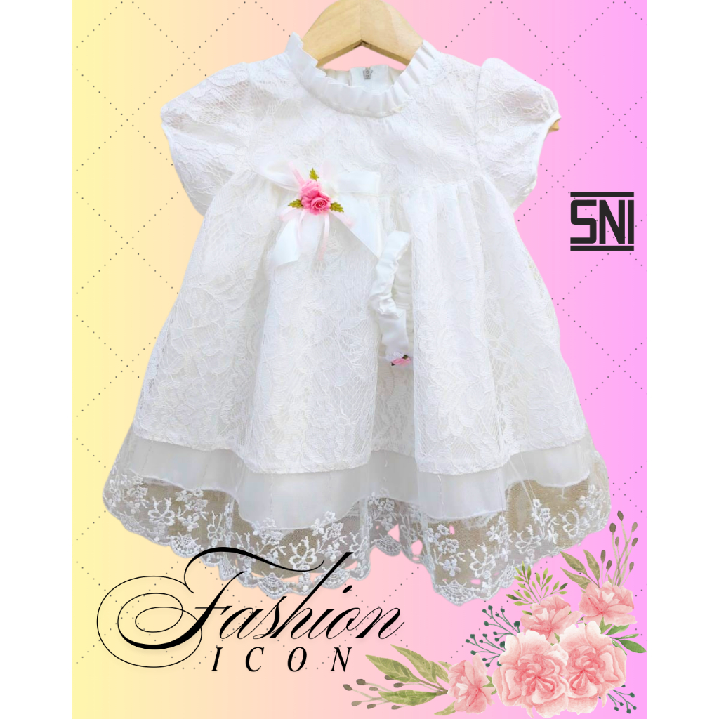 Dress Bayi Perempuan 3-9 Bulan Brokat Putih Elegan Pita Bunga Lucu mimihanashop