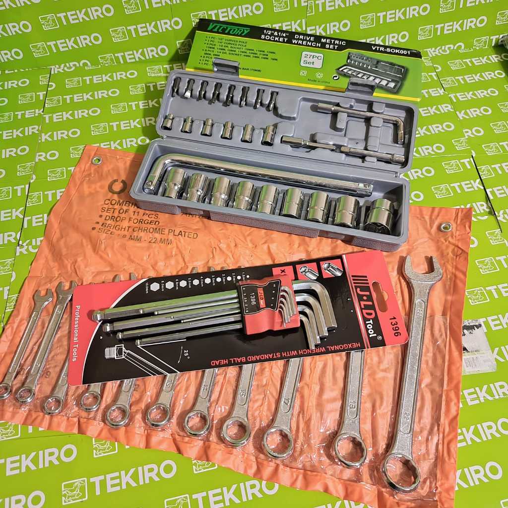 Promo Paket Kunci Toolkit Sok 27pcs 1 Lengkap Mata Obeng + Kunci Ring Pas Set 11pcs + Kunci L Set 9p