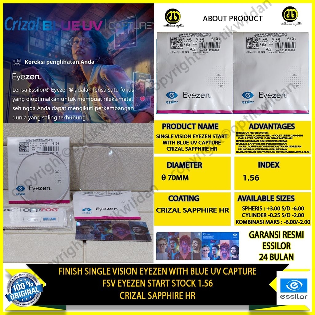 ESSILOR EYEZEN START STOCK FSV 1.56 EYEZEN START STOCK  WITH BLUE UV CAPTURE CRIZAL SAPPHIRE HR