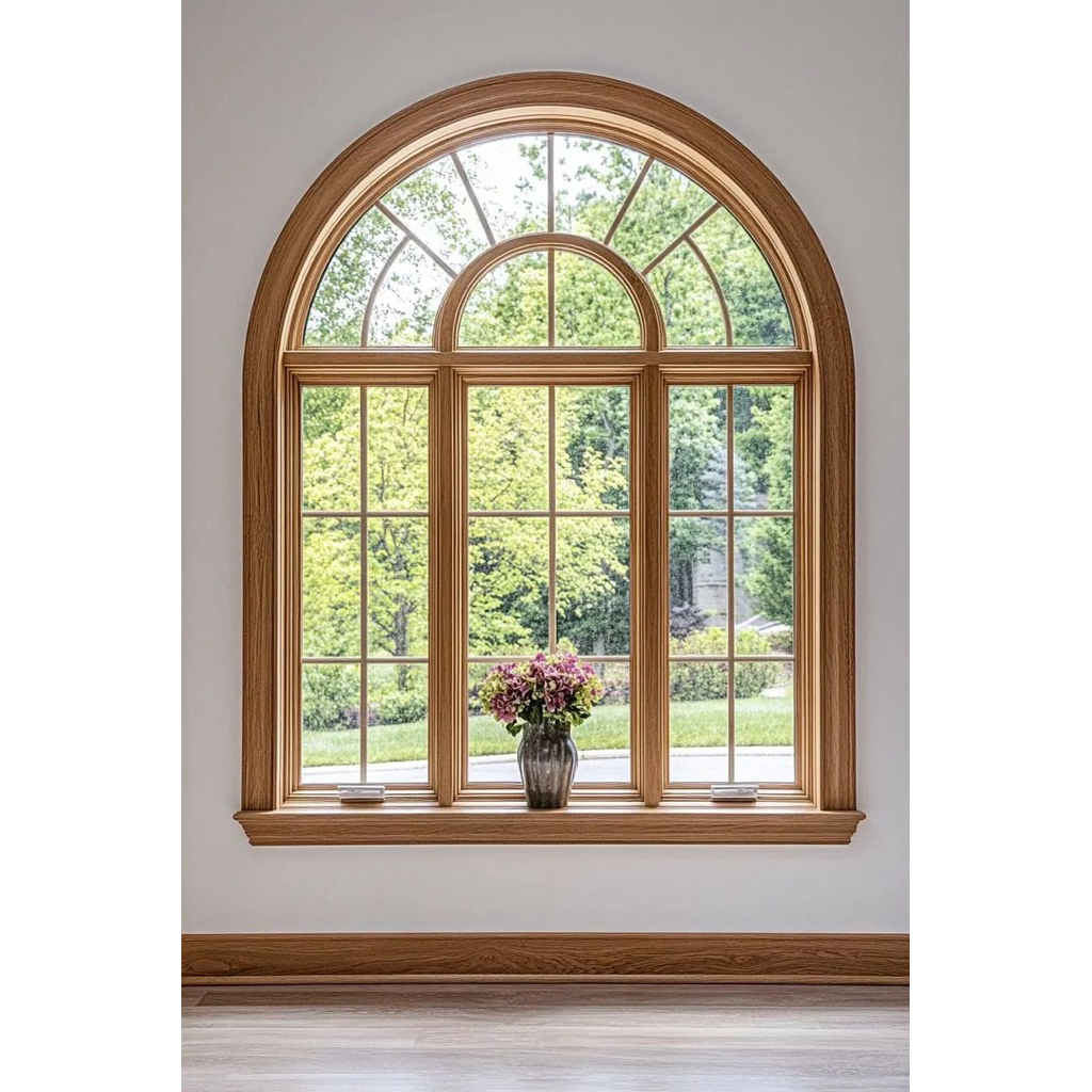Jendela Kayu Jati Lengkung Klasik | Kusen Jendela Kayu Minimalis Kaca Mati Finishing Natural