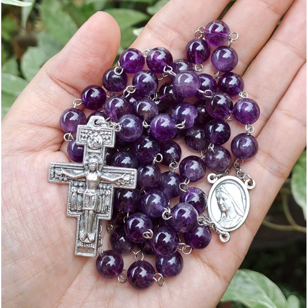 ROSARIO BATU ALAM NATURAL DARK  AMETHYST 8MM SALIB ITALY