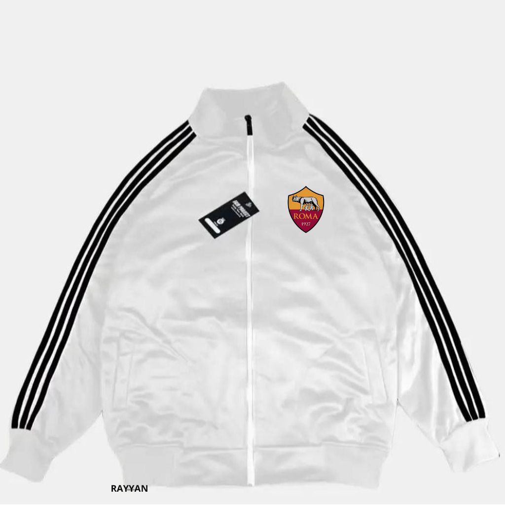 As Roma Jacket Tracktop Unisex Footbal Club Top Eropa / Dunia Warna White Motif List Tangan Hitam Sz