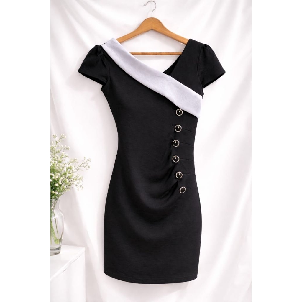 Premium Asymmetric Bodycon Mini Dress Hitam / Gaun Pesta Lengan Pendek Aksen Kerah Lipat Putih Korea