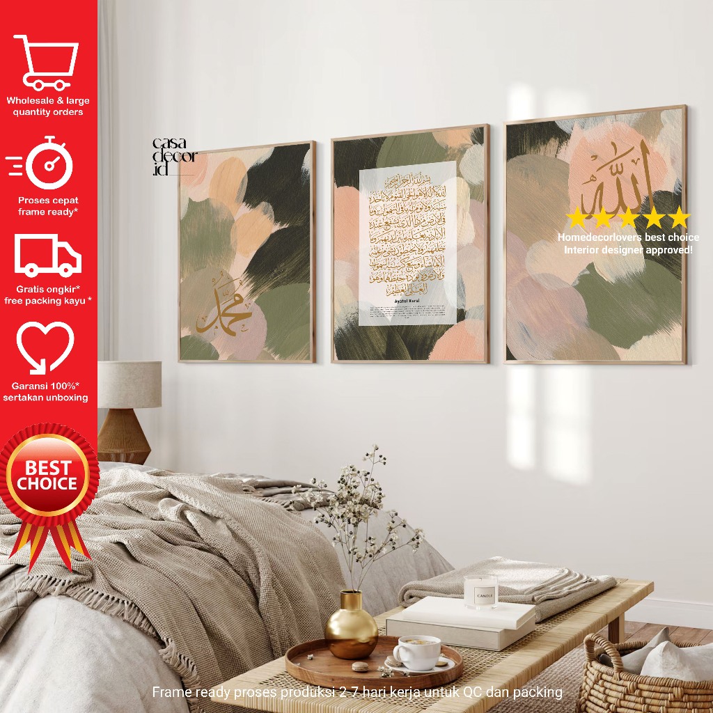 Hiasan Dinding Walldecor Islami Kaligrafi Set Ayat Kursi Lafadz Allah Muhammad Blooming desain abstr