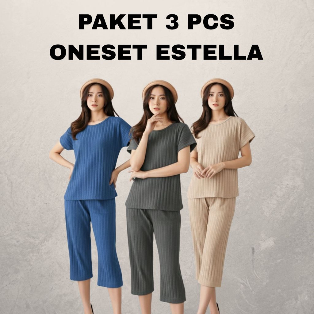 PAKET 3 PCS ESTELA SETELAN KNIT HORNET WANITA  / Setelan Bahan Rajut Terbaru