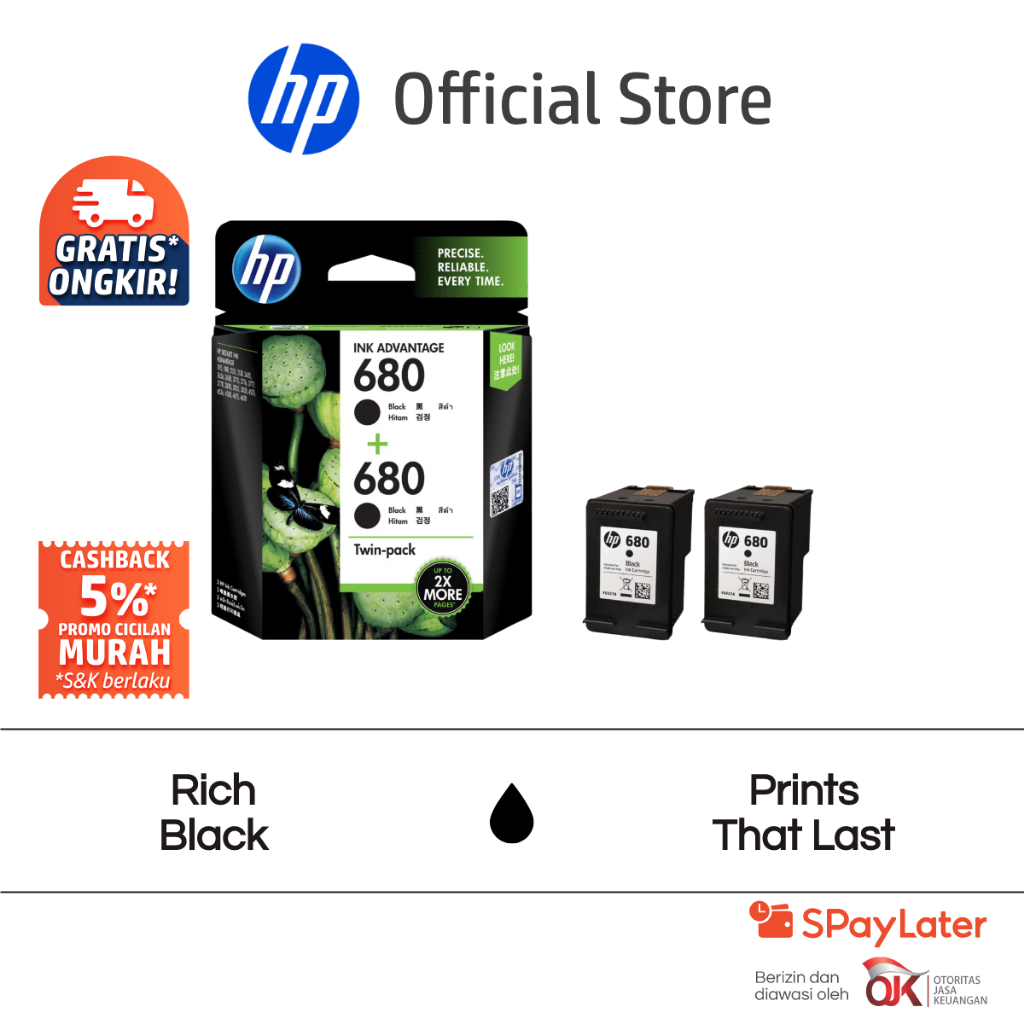 Tinta Printer HP Original 680 Hitam Black Twin Pack Combo 2 Pack Cartridge Asli Tri Color Colour War